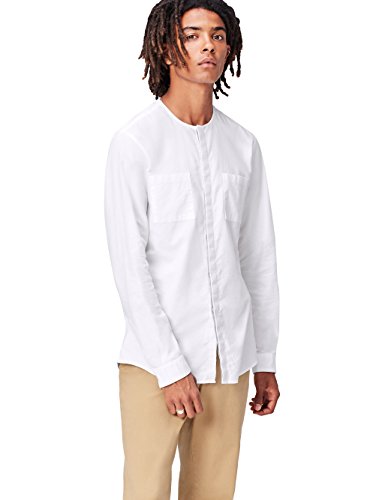 Marca Amazon - find. Camisa sin Cuello para Hombre, Blanco (White), 39 cm, Label: M