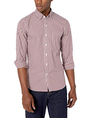 Marca Amazon - Goodthreads - Camisa cómoda de popelín elástico con manga larga, corte entallado, y de cuidado fácil, para hombre, Burgundy Gingham, US L (EU L)