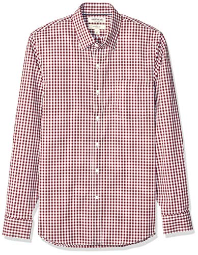 Marca Amazon - Goodthreads - Camisa cómoda de popelín elástico con manga larga, corte entallado, y de cuidado fácil, para hombre, Burgundy Gingham, US L (EU L)