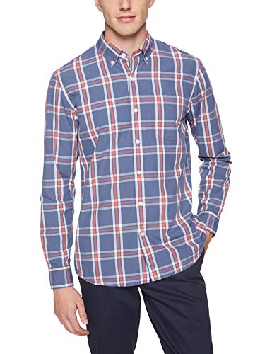 Marca Amazon – Goodthreads – Camisa de popelín a cuadros de manga larga de corte estándar y cuello con botones para hombre, Azul (Denim Multi Plaid Den), US L (EU L)