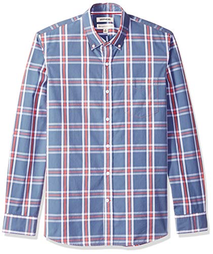 Marca Amazon – Goodthreads – Camisa de popelín a cuadros de manga larga de corte estándar y cuello con botones para hombre, Azul (Denim Multi Plaid Den), US L (EU L)