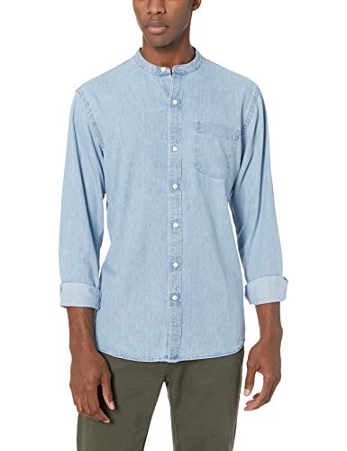 Marca Amazon – Goodthreads – Camisa vaquera de manga larga, cuello en banda y corte estándar para hombre, Azul (Light Blue Lig), US S (EU S)