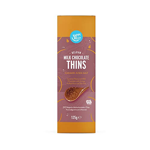 Marca Amazon - Happy Belly - Láminas de chocolate con leche belga- Sabor a caramelo y sal marina,4x125g