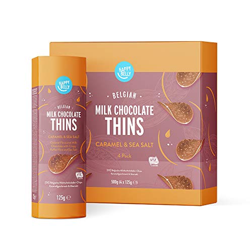 Marca Amazon - Happy Belly - Láminas de chocolate con leche belga- Sabor a caramelo y sal marina,4x125g