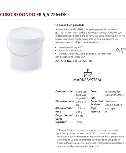 MARKESYSTEM - Cubo HERMÉTICO Pack de 5 x 5,6 litros - Contenedores Apilables de Plástico con Tapa - Envase Alimentos, Catering Industrial, Líquidos y Pinturas - Polipropileno Blanco + Kit Etiquetado