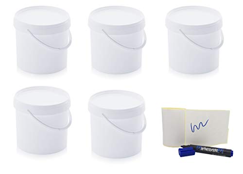 MARKESYSTEM - Cubo HERMÉTICO Pack de 5 x 5,6 litros - Contenedores Apilables de Plástico con Tapa - Envase Alimentos, Catering Industrial, Líquidos y Pinturas - Polipropileno Blanco + Kit Etiquetado