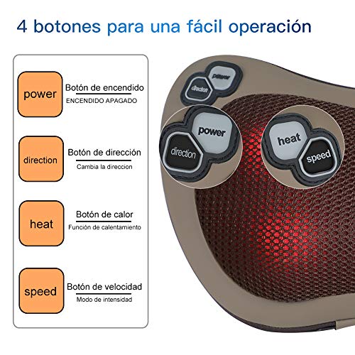 Masajeador Cervical - ESSEASON Shiatsu Cojin Masajeador con función de calentamiento 3 velocidades ajustables Los Nódulos de Amasamiento Profundo 3D giran Casa Oficina y Coche Uso