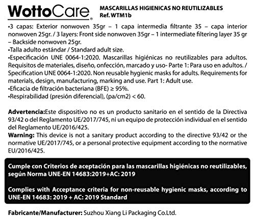 Mascarilla Higienica WottoCare, 50 uds/caja, 3 Capas/BFE ≥ 95% Mascarilla Facial de Filtración Material Filtro y non-woven, Mascara Certificada/Homologada