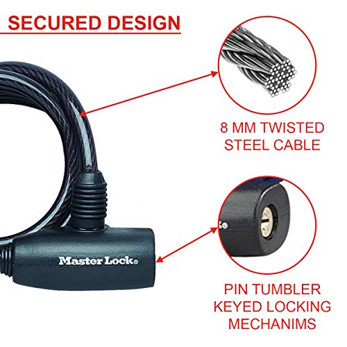 MASTER LOCK Candado Bicicleta [1,8 m Cable] [Llave] [Exterior] 8126EURDPRO - Ideal para Bicicleta, Monopatín, Paseante, Cortacésped y Otro Equipo