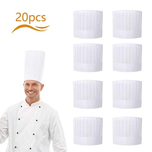 Matogle 20 piezas de papel desechable Chef Tall Hat Set Cocina ajustable Cooking Chef Cap Unisex Pastry Chef Hat para restaurantes Home Kitchen School Party Catering Hoteles