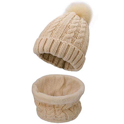 Maylisacc Conjunto de Slouch Beanie Bufanda de Punto Invierno Mujer, Gorro Pompon Snood con Forro Polar Cálida para Damas (Beige)