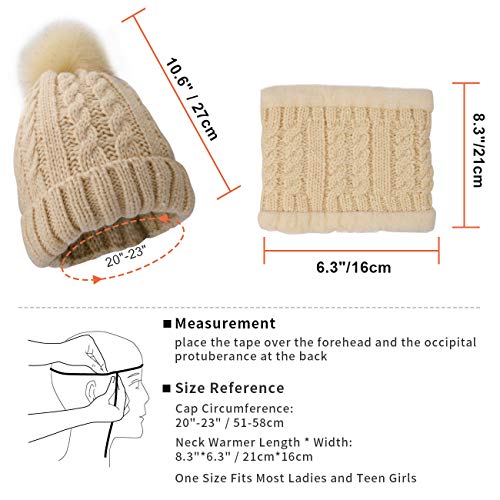 Maylisacc Conjunto de Slouch Beanie Bufanda de Punto Invierno Mujer, Gorro Pompon Snood con Forro Polar Cálida para Damas (Beige)