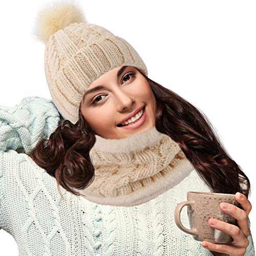 Maylisacc Conjunto de Slouch Beanie Bufanda de Punto Invierno Mujer, Gorro Pompon Snood con Forro Polar Cálida para Damas (Beige)