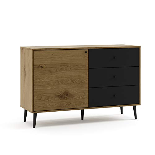 Mc Haus UMMA - Aparador Comedor de Madera Negro, Mueble Cómoda de almacenaje, Buffet Salon Armario de diseño con 1 puerta y 3 cajones 118x40x76cm