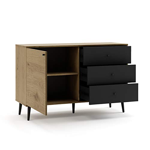 Mc Haus UMMA - Aparador Comedor de Madera Negro, Mueble Cómoda de almacenaje, Buffet Salon Armario de diseño con 1 puerta y 3 cajones 118x40x76cm