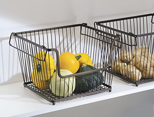 mDesign - Cesta almacenaje apilable con apertura frontal y asas color bronce - Organizador cocina de acero de alta calidad - Uso universal en la cocina, despensa o baño