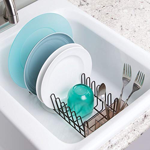 mDesign – Escurridor de platos – Práctico escurreplatos con cubertero – Elegante escurrecubiertos para vajilla – Hasta 12 platos + cubiertos – Color: bronce