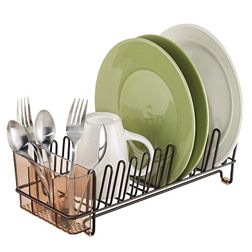 mDesign – Escurridor de platos – Práctico escurreplatos con cubertero – Elegante escurrecubiertos para vajilla – Hasta 12 platos + cubiertos – Color: bronce