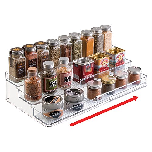 mDesign Especiero extensible de plástico – Estante para especias y condimentos – Ideal accesorio de cocina para organizar especias – Especiero con 3 niveles – transparente