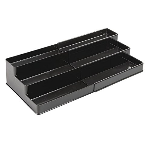 mDesign Especiero extensible para armario de cocina – Estante para especias idóneo como organizador de condimentos, salsas o artículos de pastelería – Anchura adaptable, tres niveles, negro