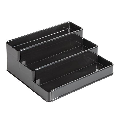 mDesign Especiero extensible para armario de cocina – Estante para especias idóneo como organizador de condimentos, salsas o artículos de pastelería – Anchura adaptable, tres niveles, negro