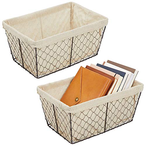 mDesign Juego de 2 cestas de almacenaje de metal – Cestas de alambre grandes con forro de tela – Cajas organizadoras para cocina, despensa, cuarto de baño y salón – color bronce