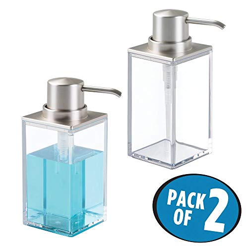 mDesign Juego de 2 dosificadores de jabón rectangulares y recargables con 296 ml – Elegante dispensador de jabón líquido de plástico – Dispensador de jabón de manos – transparente/plateado mate