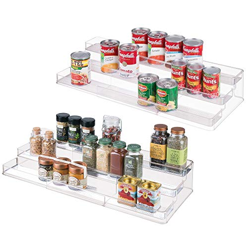 mDesign Juego de 2 especieros para armario de cocina – Estante extensible para almacenar condimentos y ordenar la cocina – Organizador de especias adaptable con tres niveles – transparente