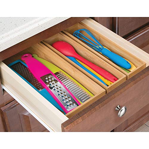 mDesign Juego de 2 separadores de cajones para la cocina – Organizadores para cajones modulares para cubertería y más – Cubertero de bambú para cajones de cocina – marrón claro