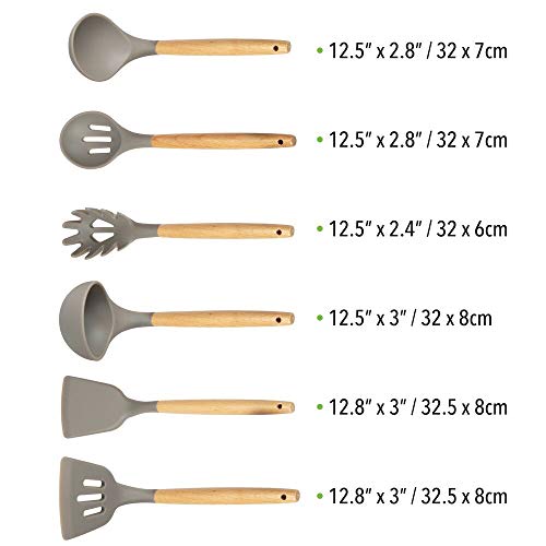 mDesign Juego de 6 utensilios de madera de bambú y silicona – Accesorios para cocinar para colgar – Set grande de espátula de cocina, cuchara, cucharón de sopa y cuchara para pasta – marrón/gris