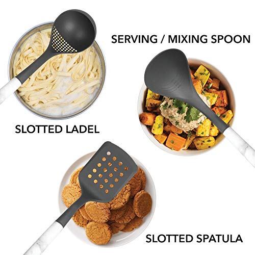 mDesign Juego de 6 utensilios de metal y silicona para cocina – Accesorios para cocinar para colgar – Set de espátula de cocina, cuchara, espumadera, cucharón y cuchara para pasta – marmolado y gris