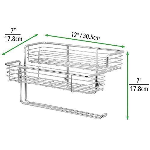 mDesign Portarrollos de cocina – Excelente dispensador de papel en metal con estantes para especias integrados – Práctico soporte de pared para rollo de cocina – plateado