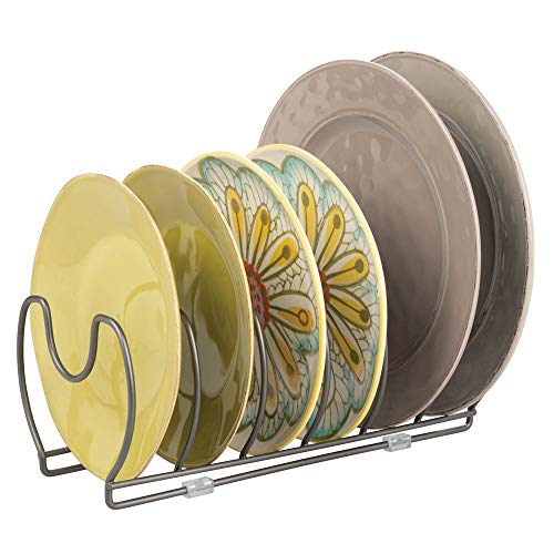 mDesign Soporte para sartenes, tapas y cacerolas – Compacto organizador de tapas de ollas para los armarios de cocina – Estante de metal para utensilios – Ahorra espacio – color grafito