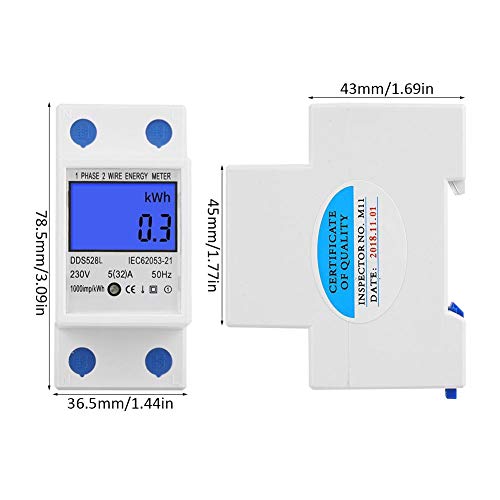 Medidor de energía LCD, 5-32A 230V 50Hz Medidor de vatios de pantalla de retroiluminación digital, Montaje en carril DIN monofásico KWh Meter DDS528L-230V