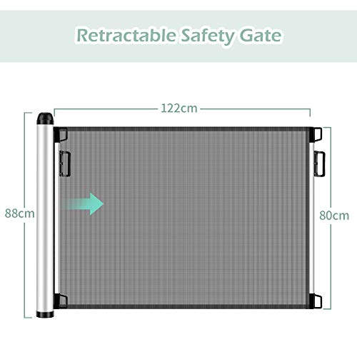 Meinkind Barrera Seguridad Niños Escalera, 0 cm-120 cm * 80 cm Valla Seguridad Infantil Escalera, Retráctil Puerta Enrollable Bebe, Puerta Seguridad Bebe y Mascota, Barrera Escalera Bebe, Gris