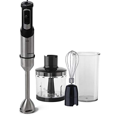 Mellerware Robot 1000 INOX Batidora de Mano, 1000 W, Acero Inoxidable. Vaso mezclador, Varilla mezcladora. Accesorios incluidos. Velocidad regulable Función Turbo