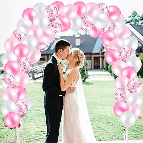 MELLIEX 120 Piezas Globos de Confeti Globos de Latex Kit de Guirnaldas de Globos con 10 Accesorios para Globos para Decoracion de Boda Cumpleaños Fiesta San Valentin, Rosa y Blanca