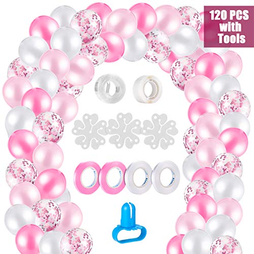 MELLIEX 120 Piezas Globos de Confeti Globos de Latex Kit de Guirnaldas de Globos con 10 Accesorios para Globos para Decoracion de Boda Cumpleaños Fiesta San Valentin, Rosa y Blanca