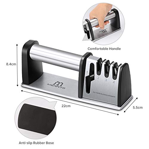 MENNEYO Afilador de Cuchillos Profesional, 4 en 1 Afilador de Cuchillos de Cocina, 4 Etapas Afiladores Manuales Knife Sharpener para Afilar Cuchillos, Tijeras, Navajas, Cuchillos Jamoneros