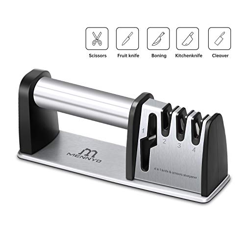 MENNEYO Afilador de Cuchillos Profesional, 4 en 1 Afilador de Cuchillos de Cocina, 4 Etapas Afiladores Manuales Knife Sharpener para Afilar Cuchillos, Tijeras, Navajas, Cuchillos Jamoneros