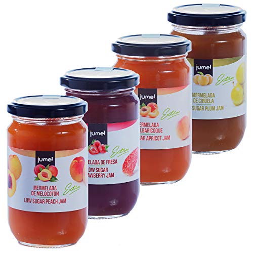 Mermelada Jumel con extra de fruta. Pack de 4 unidades (1,39 €/u) multisabor: mermelada fresa, melocotón, ciruela, albaricoque. Mermelada gourmet, ideal para desayunos, meriendas y tostadas.