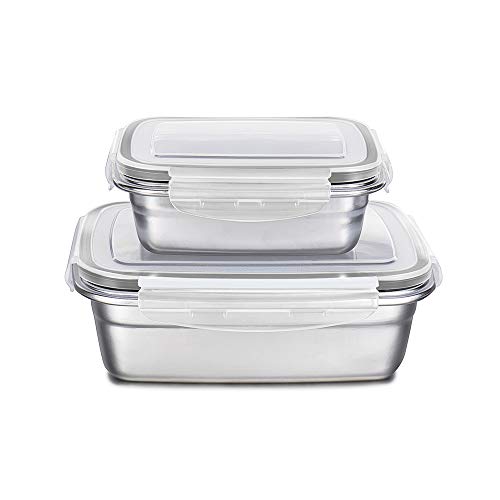 Merysen Conjunto de 2 Fiambreras Caja de Acero Inoxidable, Caja de Almuerzo con Tapa de Plástico, Caja de Alimentos Ideal para Almuerzos Escolares y Ensalada (Grande: 850 ml, Pequeño: 350 ml, Gris)