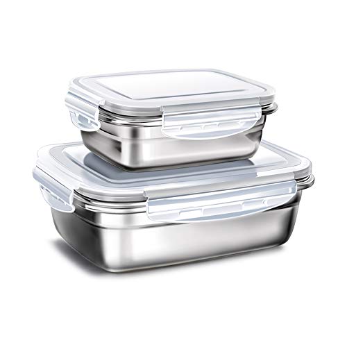 Merysen Conjunto de 2 Fiambreras Caja de Acero Inoxidable, Caja de Almuerzo con Tapa de Plástico, Caja de Alimentos Ideal para Almuerzos Escolares y Ensalada (Grande: 850 ml, Pequeño: 350 ml, Gris)