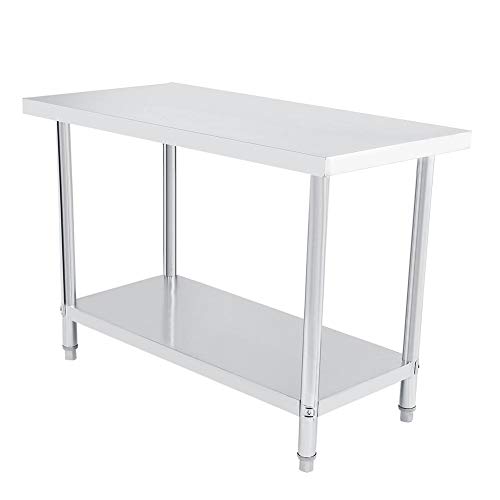 Mesa de trabajo profesional de acero inoxidable, doble capa altura ajustable Catering mesa de trabajo aparador de plata para cocina y operaciones industriales 122X61CM gris