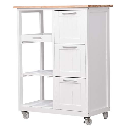 MIADOMODO Cocina de Madera - 67x37x84cm, 4 Niveles, Bandeja Extraíble, Blanco - Carro de Almacenamiento con Cajones y Estantes, Estantería Móvil de Servicio Auxiliar, Organizador Multiuso con Ruedas