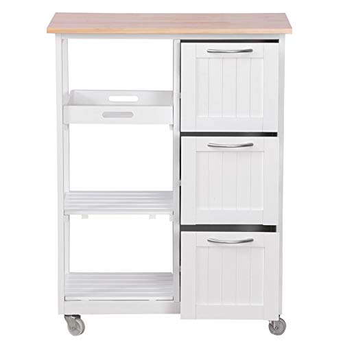 MIADOMODO Cocina de Madera - 67x37x84cm, 4 Niveles, Bandeja Extraíble, Blanco - Carro de Almacenamiento con Cajones y Estantes, Estantería Móvil de Servicio Auxiliar, Organizador Multiuso con Ruedas