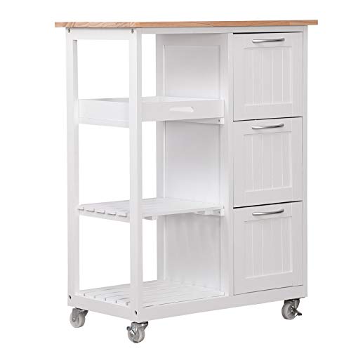 MIADOMODO Cocina de Madera - 67x37x84cm, 4 Niveles, Bandeja Extraíble, Blanco - Carro de Almacenamiento con Cajones y Estantes, Estantería Móvil de Servicio Auxiliar, Organizador Multiuso con Ruedas