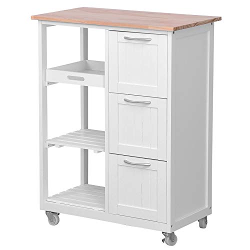 MIADOMODO Cocina de Madera - 67x37x84cm, 4 Niveles, Bandeja Extraíble, Blanco - Carro de Almacenamiento con Cajones y Estantes, Estantería Móvil de Servicio Auxiliar, Organizador Multiuso con Ruedas