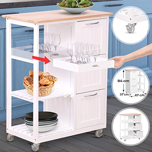 MIADOMODO Cocina de Madera - 67x37x84cm, 4 Niveles, Bandeja Extraíble, Blanco - Carro de Almacenamiento con Cajones y Estantes, Estantería Móvil de Servicio Auxiliar, Organizador Multiuso con Ruedas