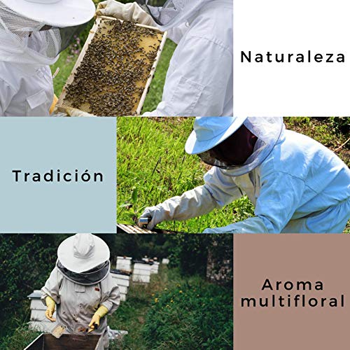 Miel de Abeja 100% Natural Hecha en España + Dispensador de Madera de Regalo. Tarro de 1kg de Miel de Mil Flores. Producción Artesanal sin Aditivos. Comercio de Cercanía